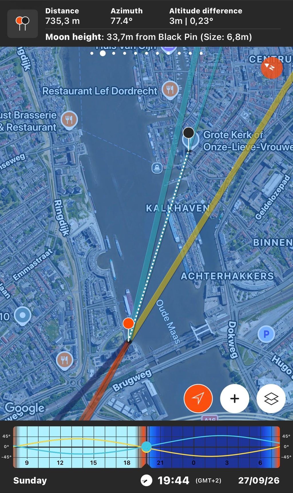 Het planningsscherm van PhotoPills met de route van de maan vanaf Zwijndrecht richting de Grote Kerk in Dordrecht